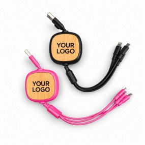 Ausziehbares 3-in-1-Ladekabel mit Bambusgehäuse und Log...